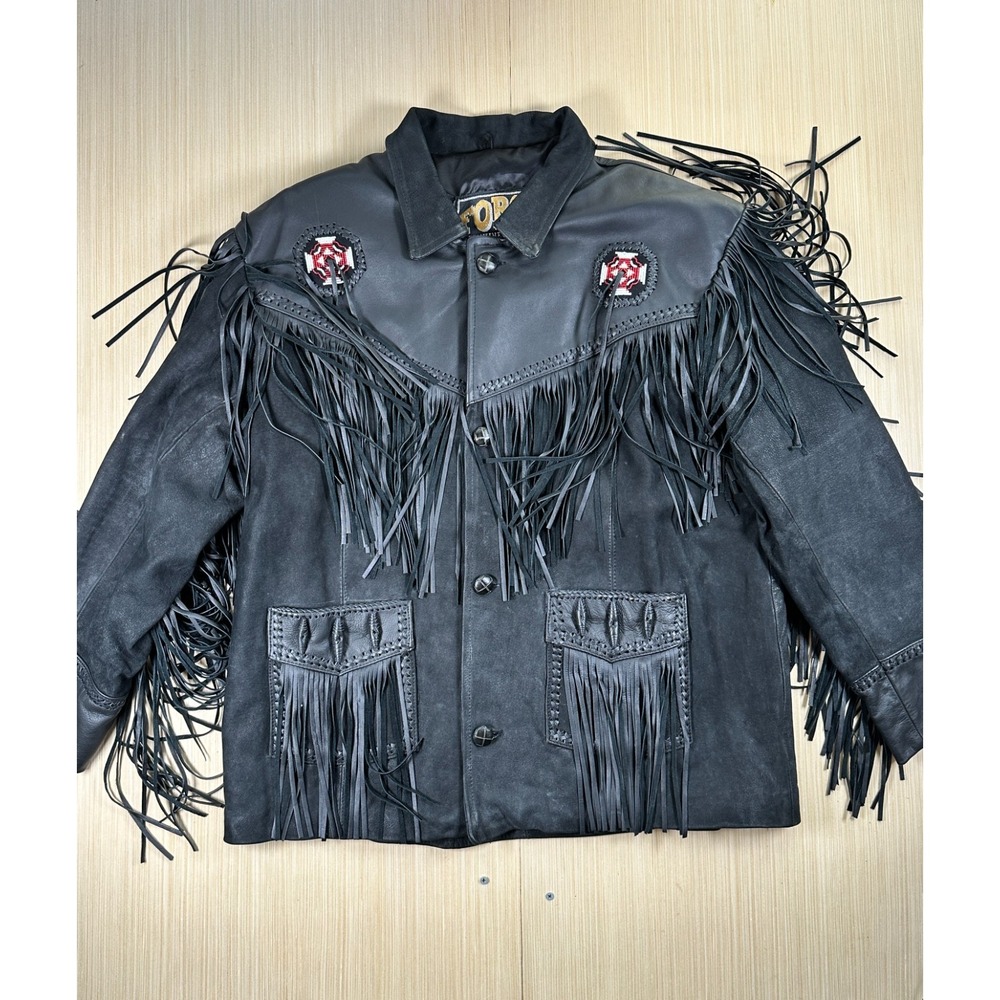 Force Genuine Leather‎ Western Jacket Mens 2XL Black Motorcycle Fringe Beaded